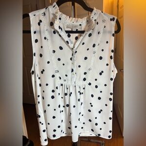 LOFT White Sleeveless Polka Dot Ruffle Collar Blouse
